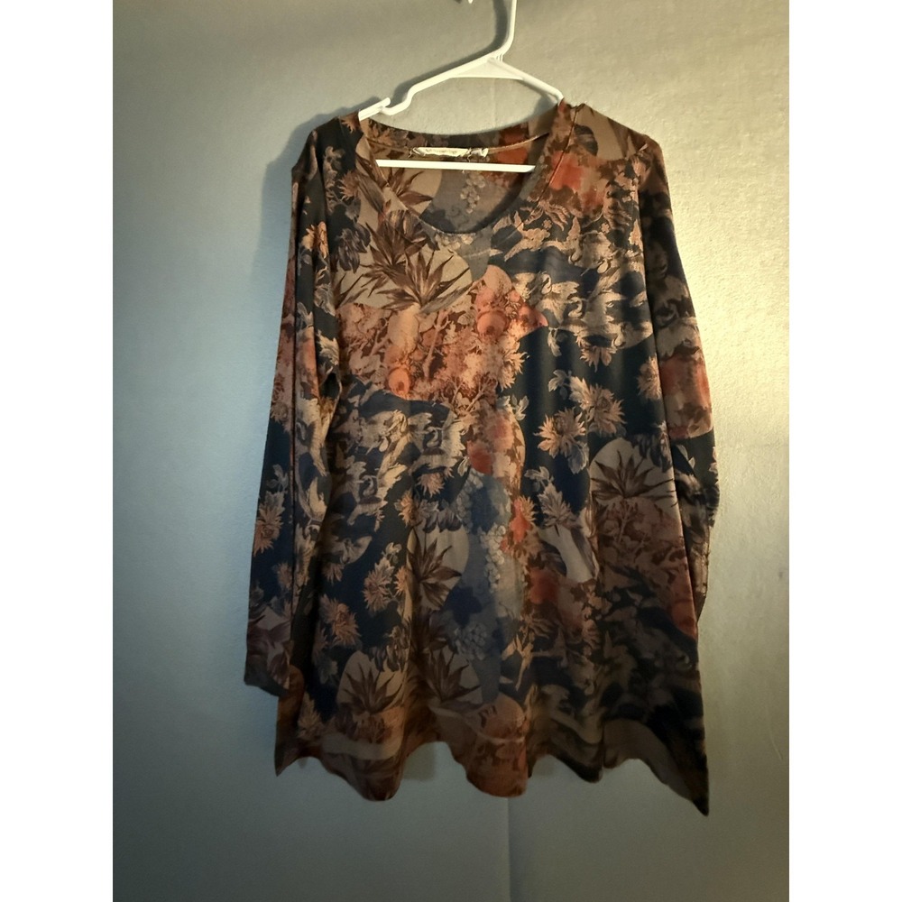 Soft Surroundings Shirt Womens 2XL Brown Floral Tunic Top Scoop Neck Stretch